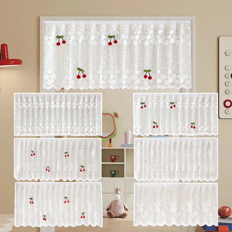rideau dentelle motif floral cerises blanc rouge vert translucide japonais coréen enfantin chambre porte
