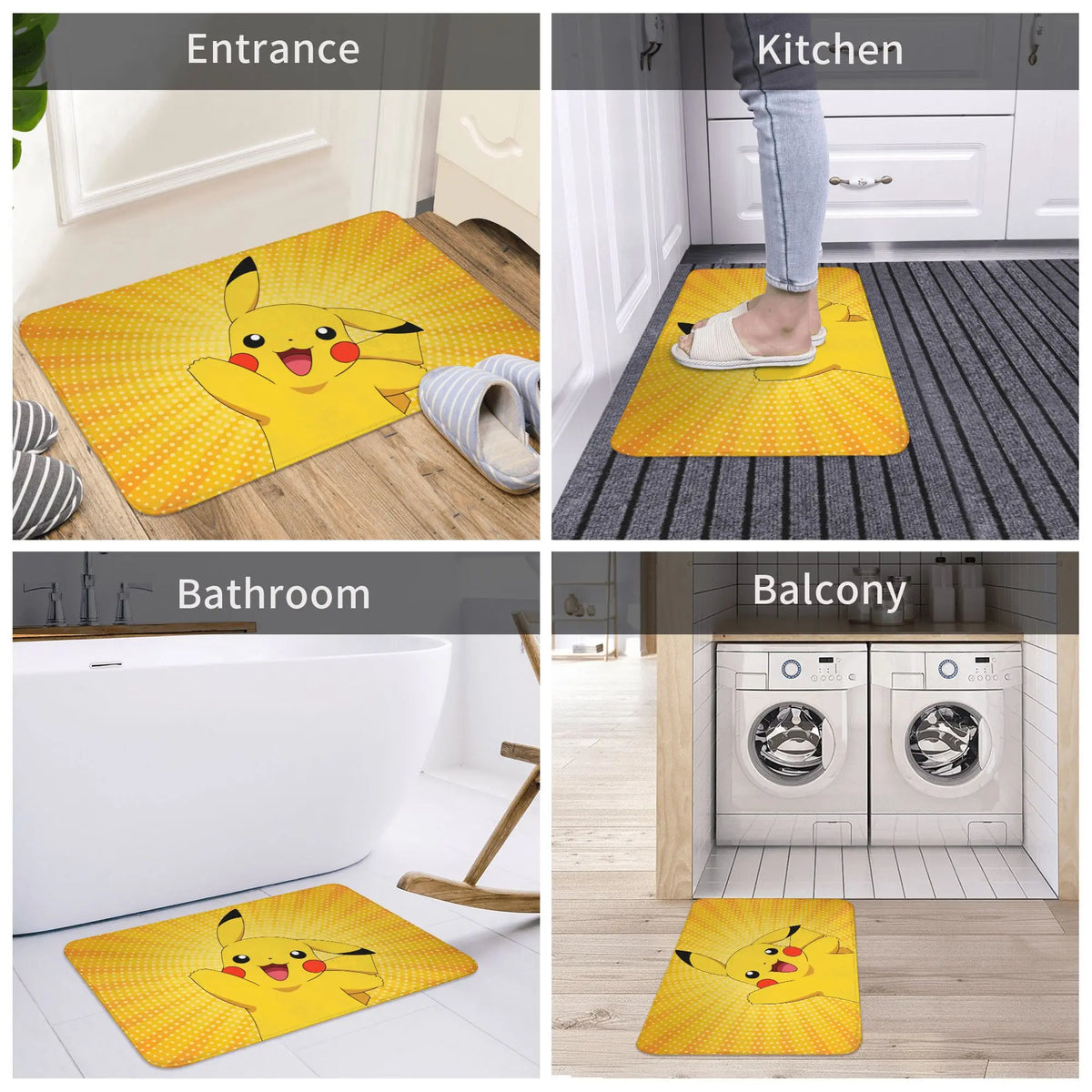tapis sol antidérapant pikachu jaune noir rouge cartoon pois flanelle 60x40cm chambre cuisine salon
