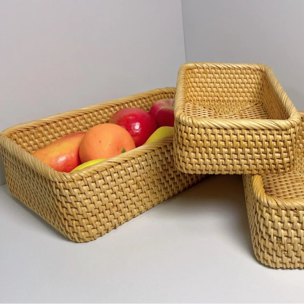 panier rangement tressé bambou rectangle traditionnel réutilisable fruits collations thé cosmétiques rangement ménager rustic