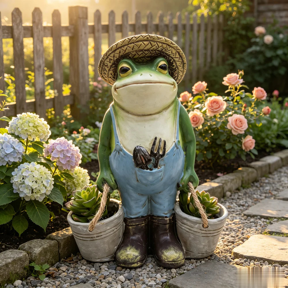 statue grenouille jardinier chapeau paille succulentes outils fourche pelle décoration jardin intérieur