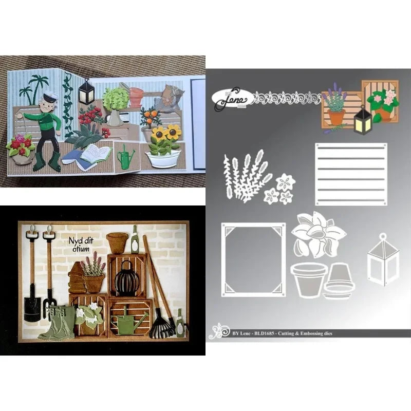 découpe papier scrapbooking fleurs bancs table chaises lanterne arbres pommes oiseaux arches végétales motifs