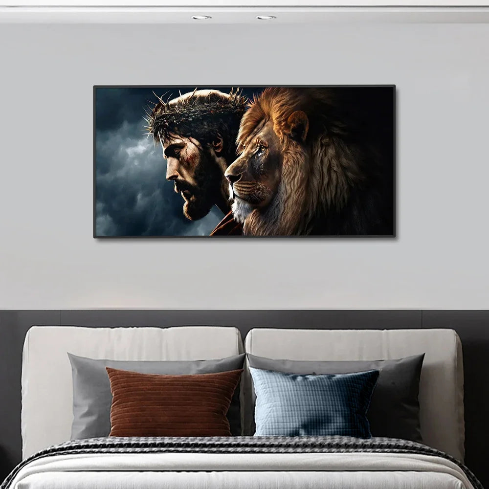 tableau sans cadre impression toile abstraite dieu jésus christ lion noir gris beige marron