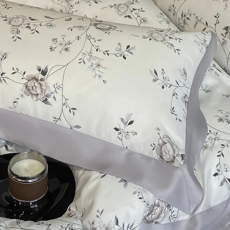ensemble literie fleurs gris blanc housse couette drap taies oreiller lyocell eucalyptus doux