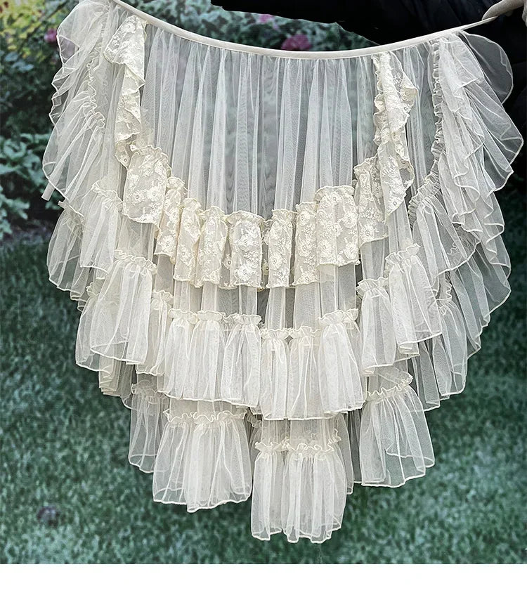 jupe femme lolita blanche dentelle volants superposés vintage romantique ceinture nouer taille ajustable