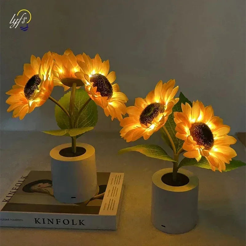 veilleuse rechargeable tournesol fleur jaune feuilles vertes deco moderne chambre table led