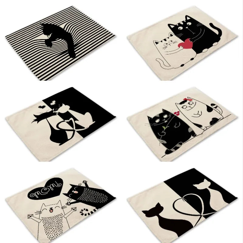 serviettes lin motif chats noir rayures illustration simple beige clair