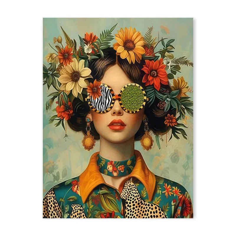 tableau toile art fleurs papillons lunettes moderne décoration mur salon cadre bois