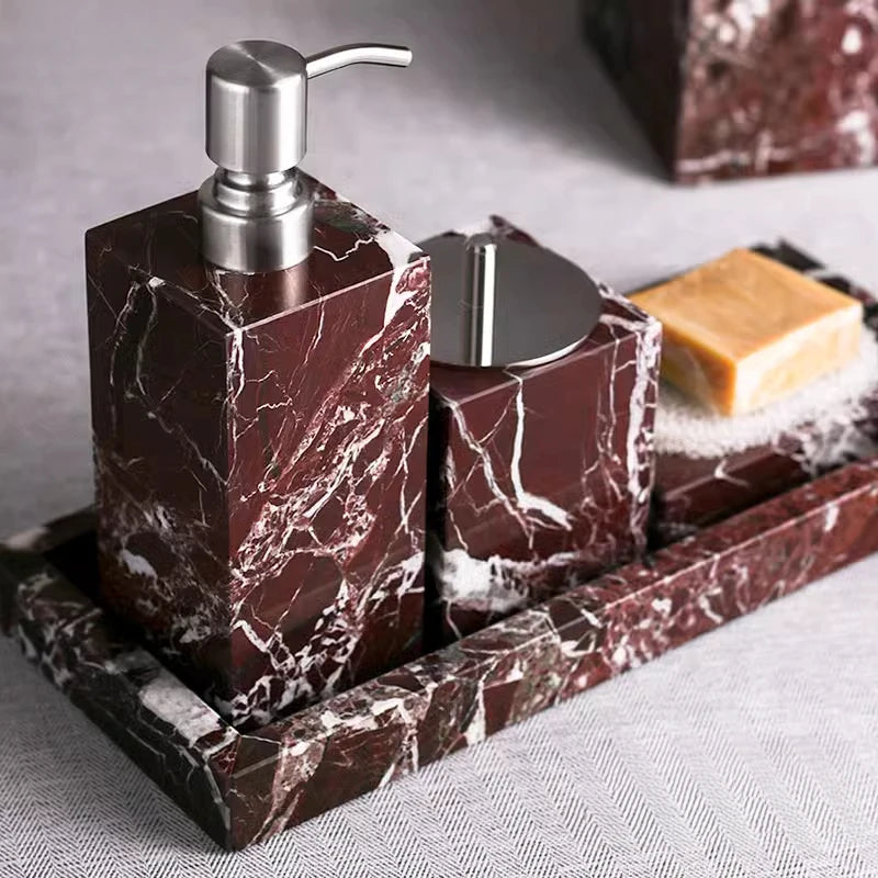 ensemble accessoires salle bain marbre violet plateau distributeur savon pot pinceau diffuseur huiles