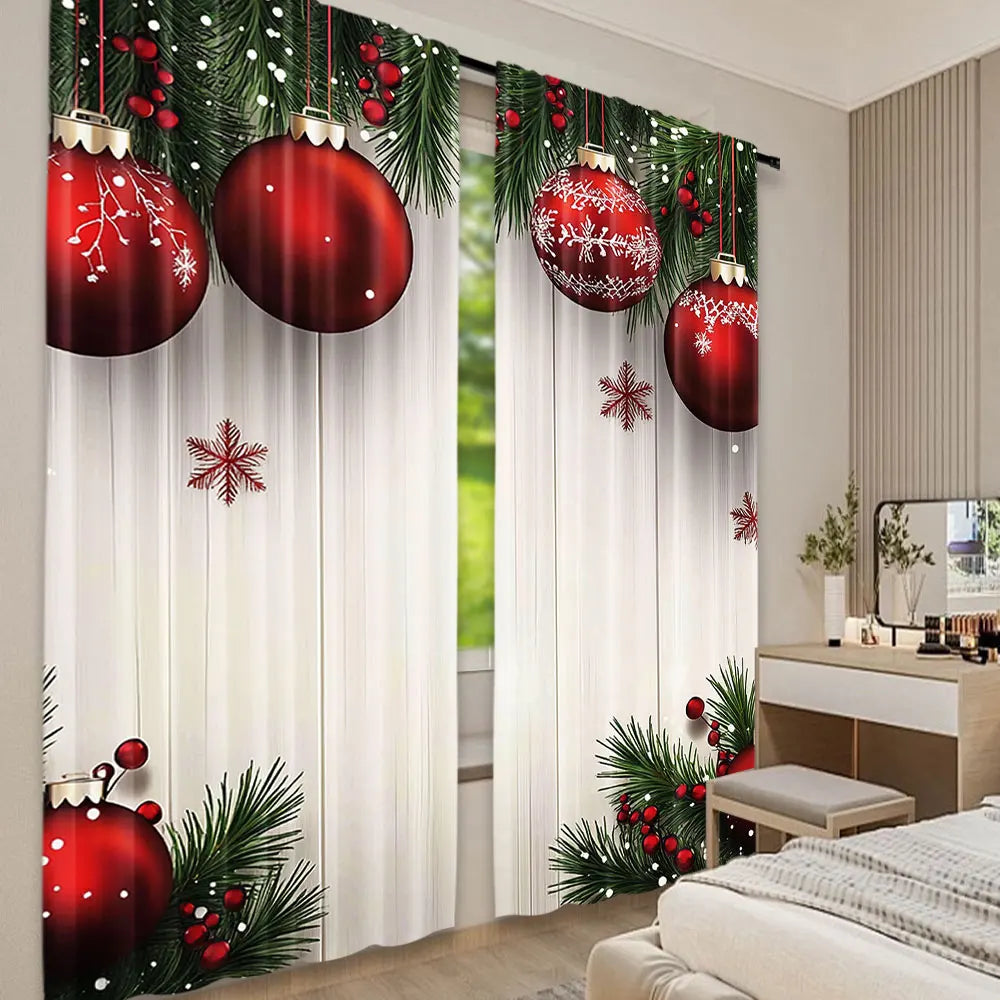 rideau noël rouge blanc vert boules sapin flocons baies translucide deux pièces