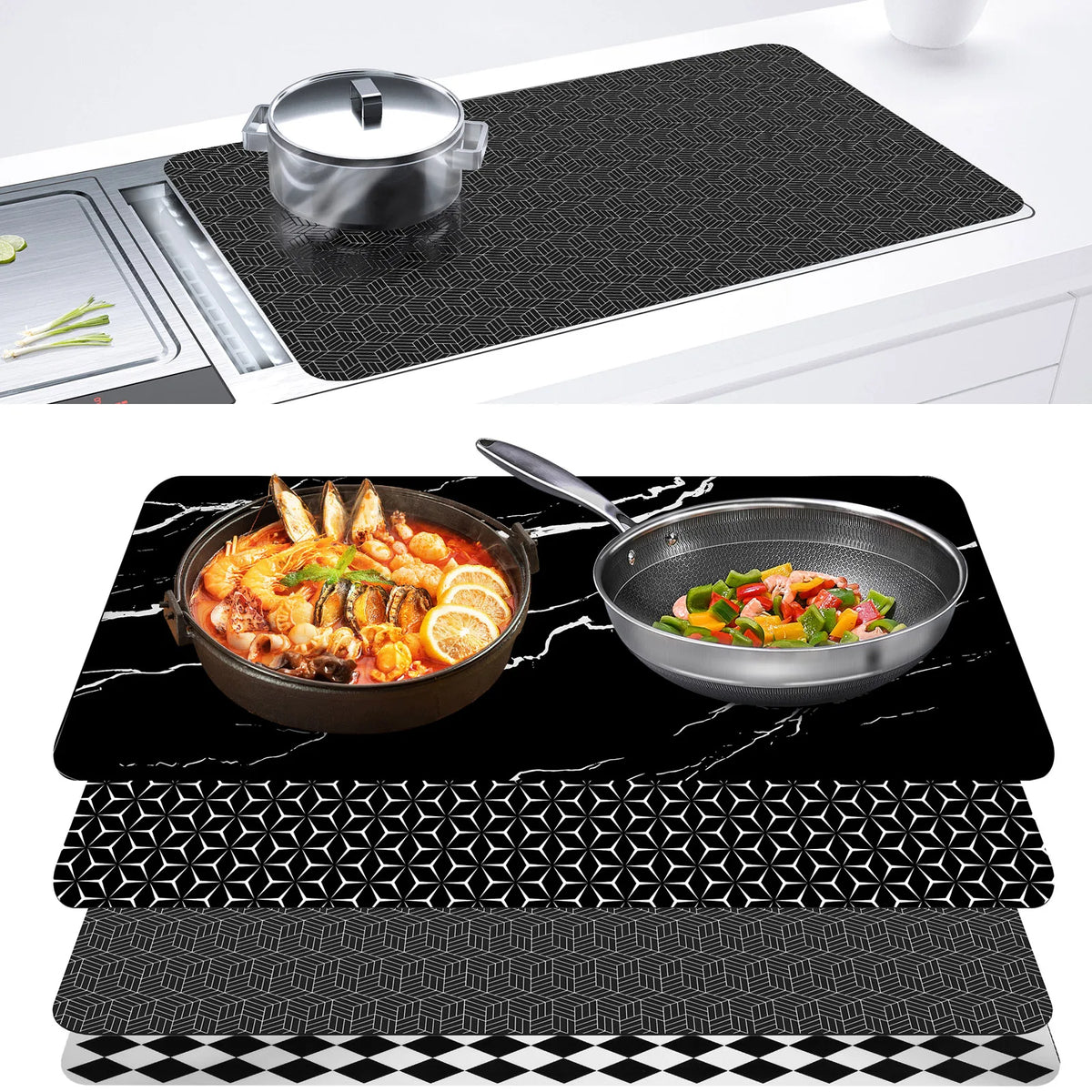 tapis protection plaque cuisson silicone respectueux environnement noir motif géométrique moderne 78cm 52cm