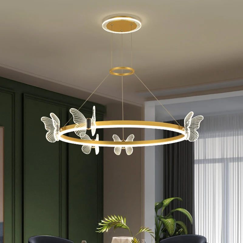 suspension lumineuse moderne fleurs papillons or blanc led 2000lm 10ampoules