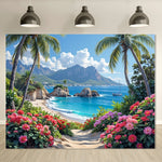 toile d'art paysage marin plage palmiers montagnes couleurs naturelles décoration intérieure chambre salon opaque
