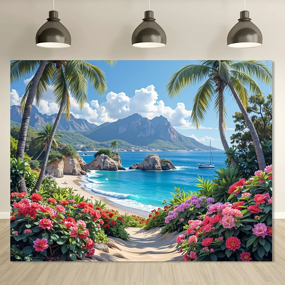 toile d'art paysage marin plage palmiers montagnes couleurs naturelles décoration intérieure chambre salon opaque