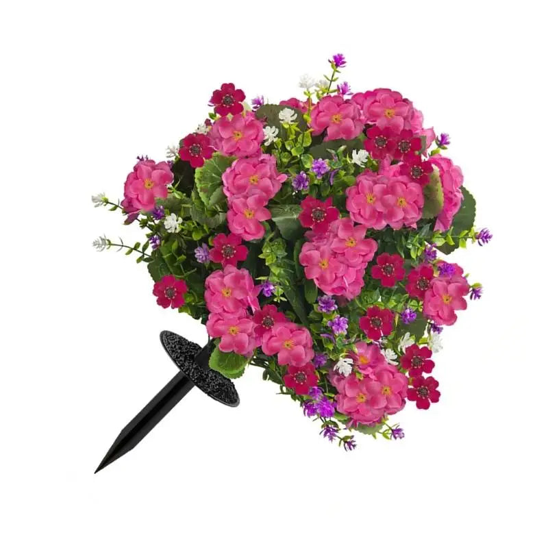 bouquet artificiel fleurs rose rouge blanc feuilles vertes modernes extérieures piquet noir pot blanc