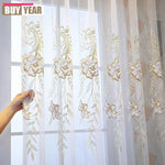 rideau blanc doré fleurs brodées transparent classique anneaux fenêtre salon chambre