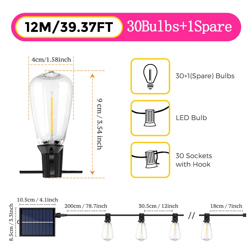 guirlande lumineuse solaire transparente jaune doré conique vintage clips extérieur patio jardin 9.5m 12m