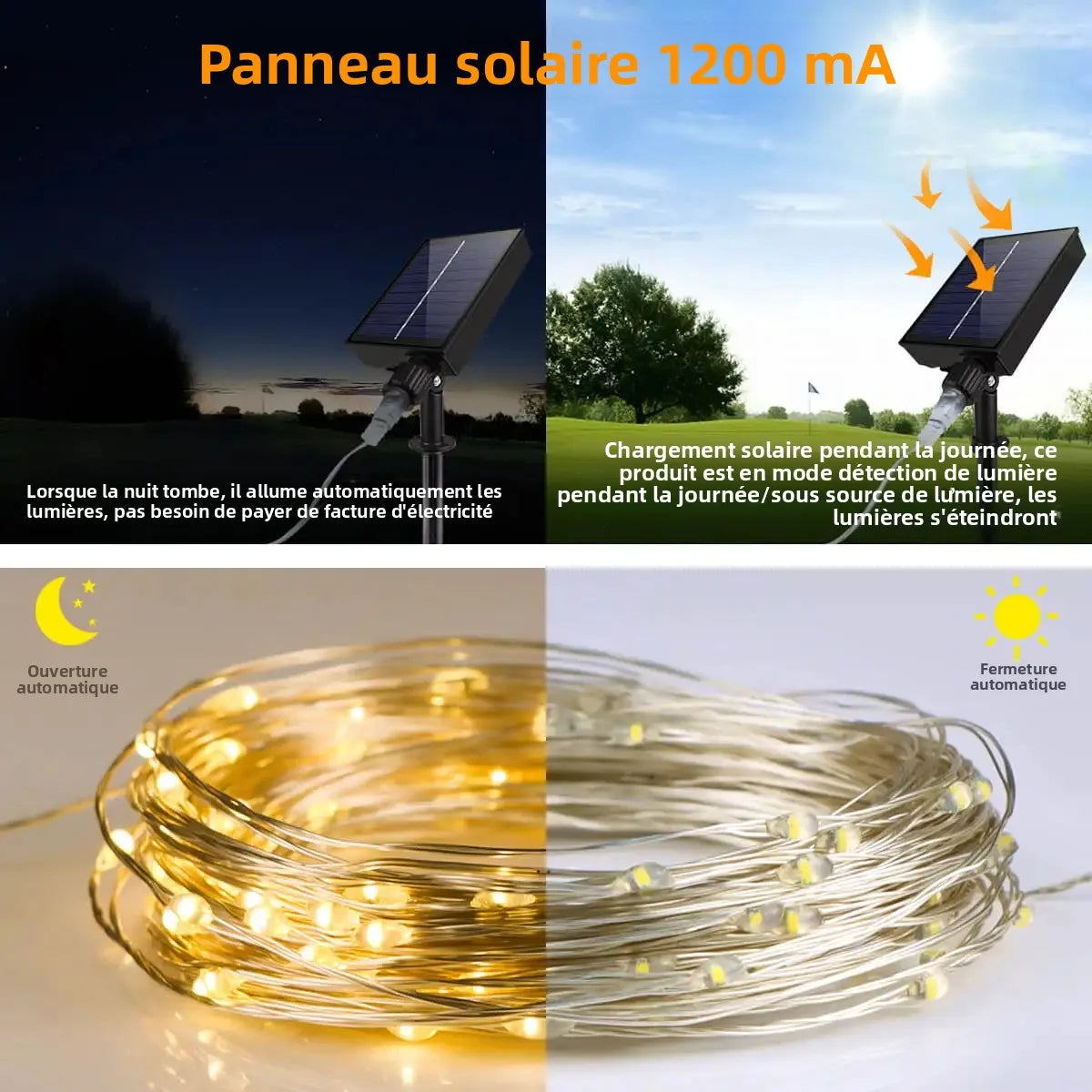 guirlande lumineuse solaire multicolore microleds moderne modes doré extérieur télécommande