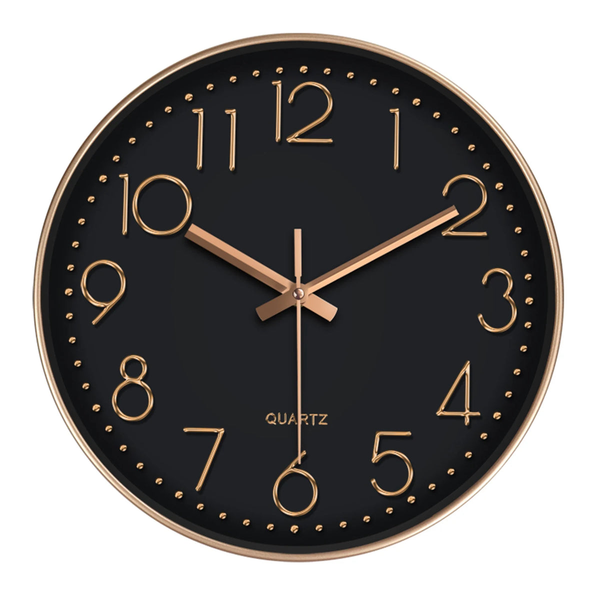 horloge murale moderne quartz aiguille cadran blanc cadre doré numeros 3d relief 10 12