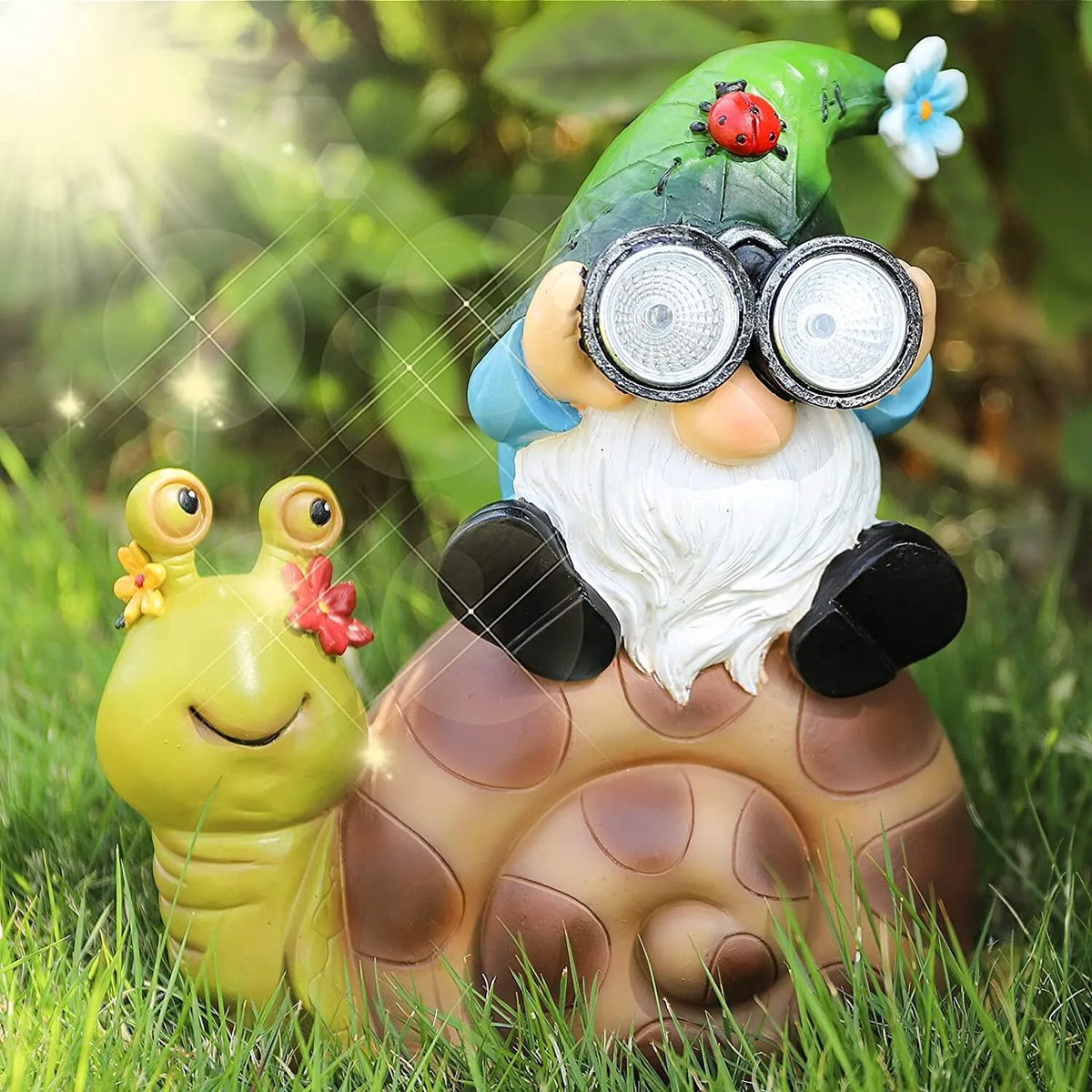 décoration jardin gnome résine escargot lumiere solaire fantaisiste verte bleue rouge