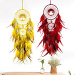 Deux attrapeurs de rêves aux couleurs vives, l'un jaune et l'autre rouge, suspendus sur un support en bois, entourés de fleurs et de verdure, créant une composition de beauté et de tranquillité.