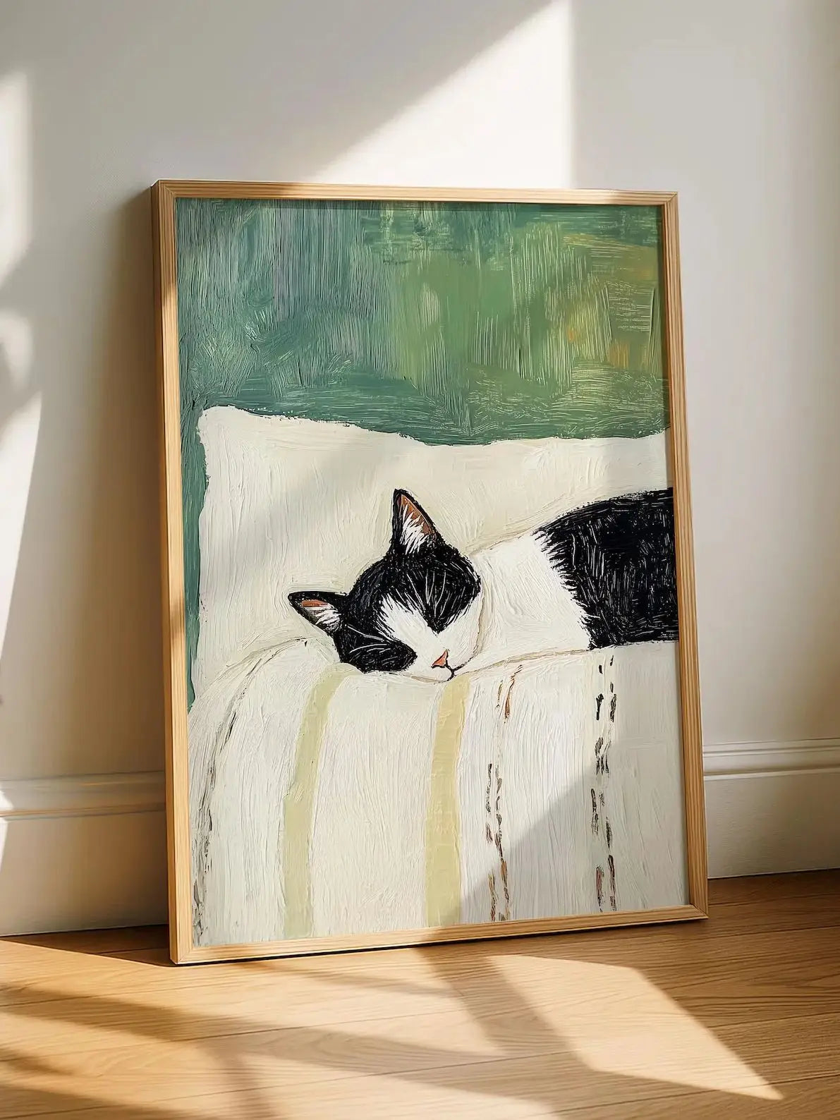 tableau moderne chat dormant toile peinte noir blanc vert beige opaque sans cadre
