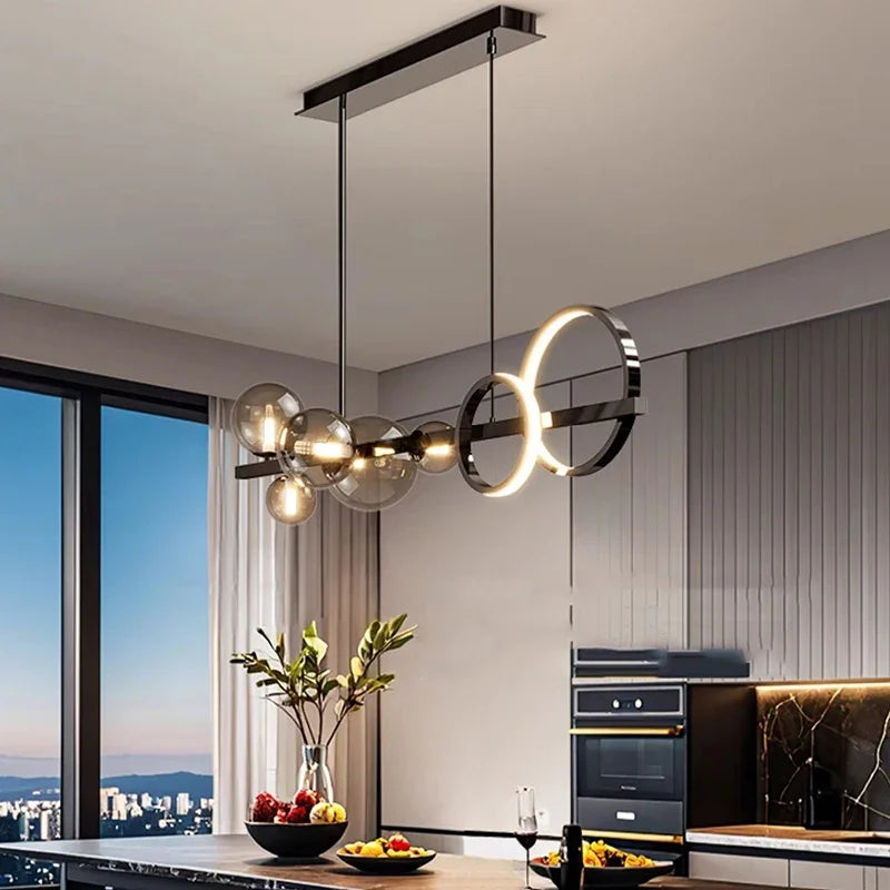 suspension lumineuse moderne noir doré verre transparent anneaux lumineux globes contemporains
