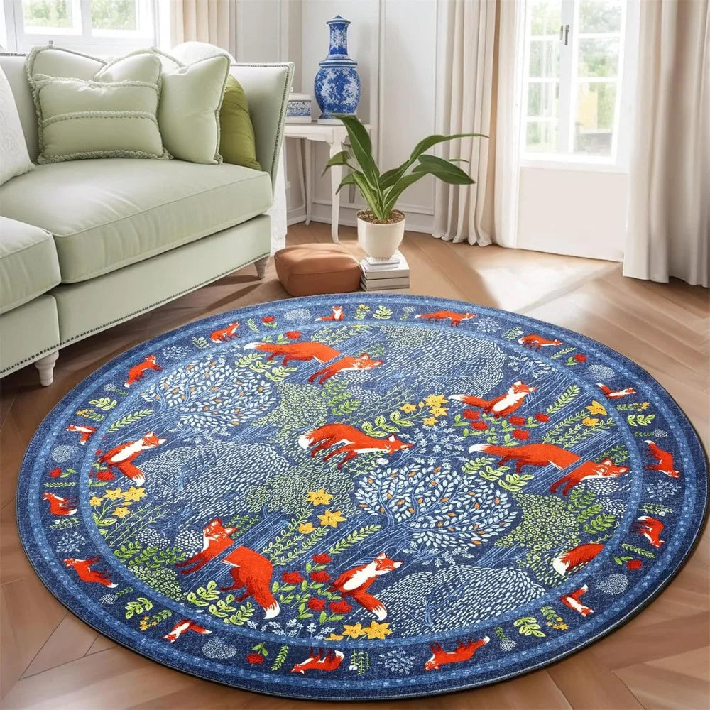 tapis rond moderne renards forêt feuilles fleurs bleu orange vert chambre enfant salon