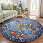 tapis rond moderne renards forêt feuilles fleurs bleu orange vert chambre enfant salon