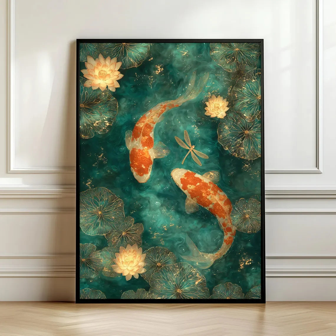 affiche contemporaine poissons koï lotus doré libellules japonais verte emeraude