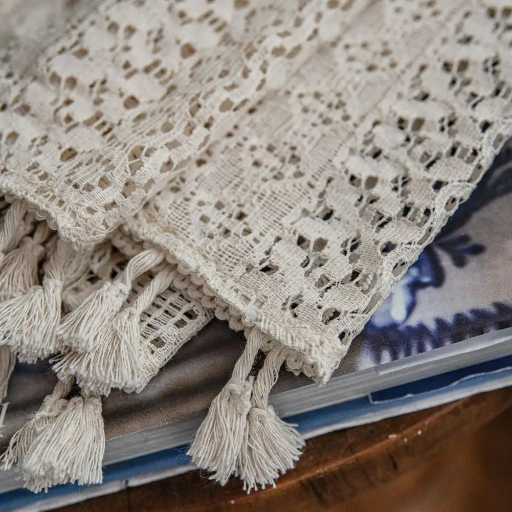 rideau boho chic crocheté motifs géométriques beige translucide pompons 150x100cm 150x160cm 150x200cm 150x240cm