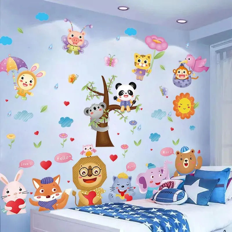 stickers muraux animaux cartoon multicolores enfants deco chambre salon adhésifs