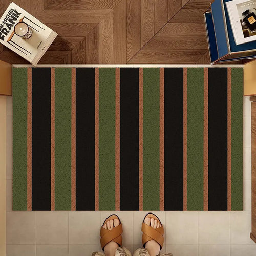 tapis d'entrée anti dérapant pvc adhésif facile nettoyer marron bleu rayures horizontales moderne rustique