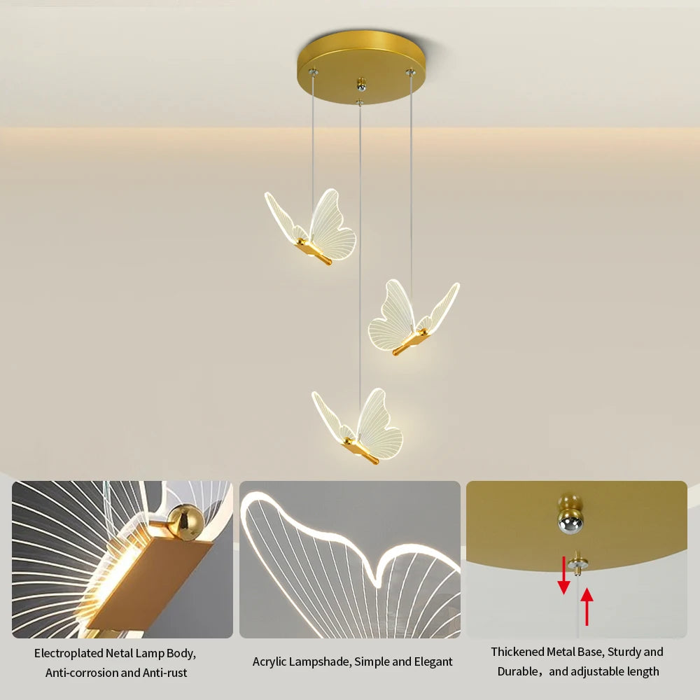 suspension lumineuse moderne or papillons effet lumineux diffus trois têtes