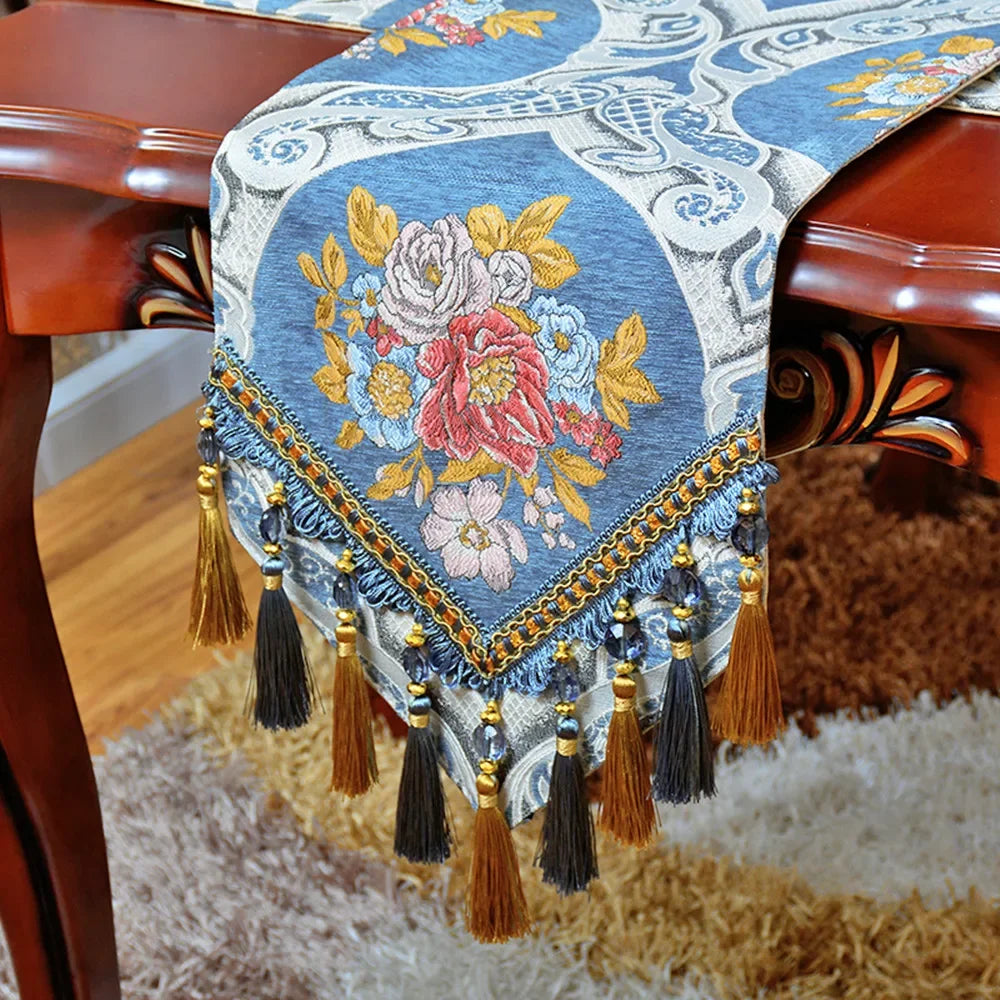 chemin table brodé floral bleu doré classique maison polyester coton jacquard tassel decoratif