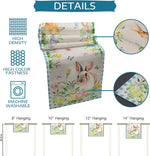 Un motif de fleurs et lapins sauvages dans des tons de vert et jaune, sur un fond clair, avec des options de taille pour suspendre l'image.