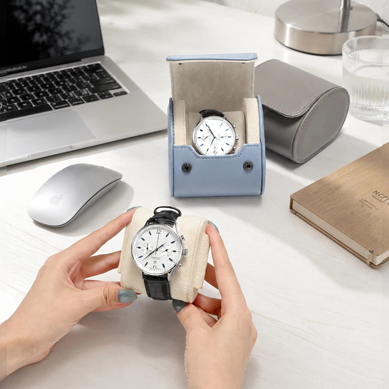 boîte montres cuir moderne gris clair bleu clair slots réutilisable respectueux environnement