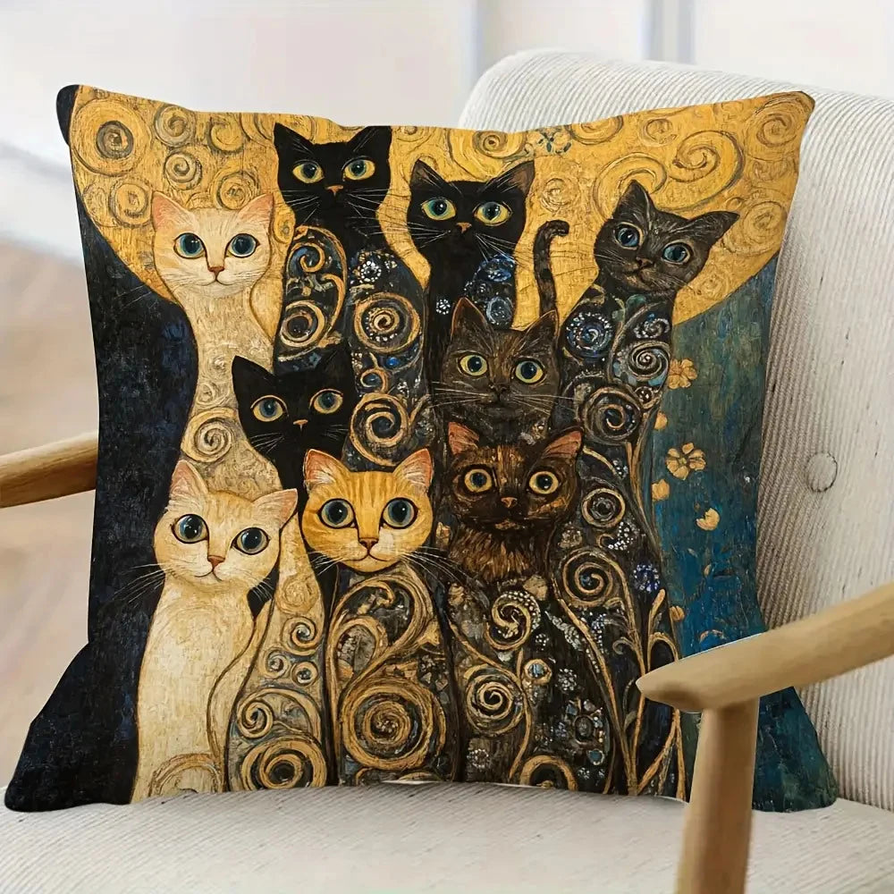 housse coussin moderne motif abstrait spirales dorées polyester peachskin 45x45cm imprimé