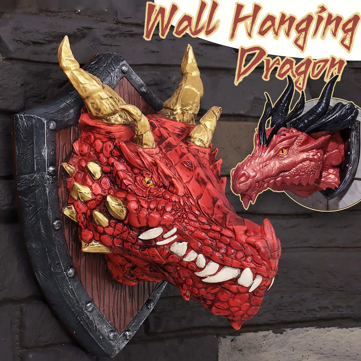 décoration murale tête dragon bouclier rouge or noir médiéval fantastique écailles détaillées rivets métalliques