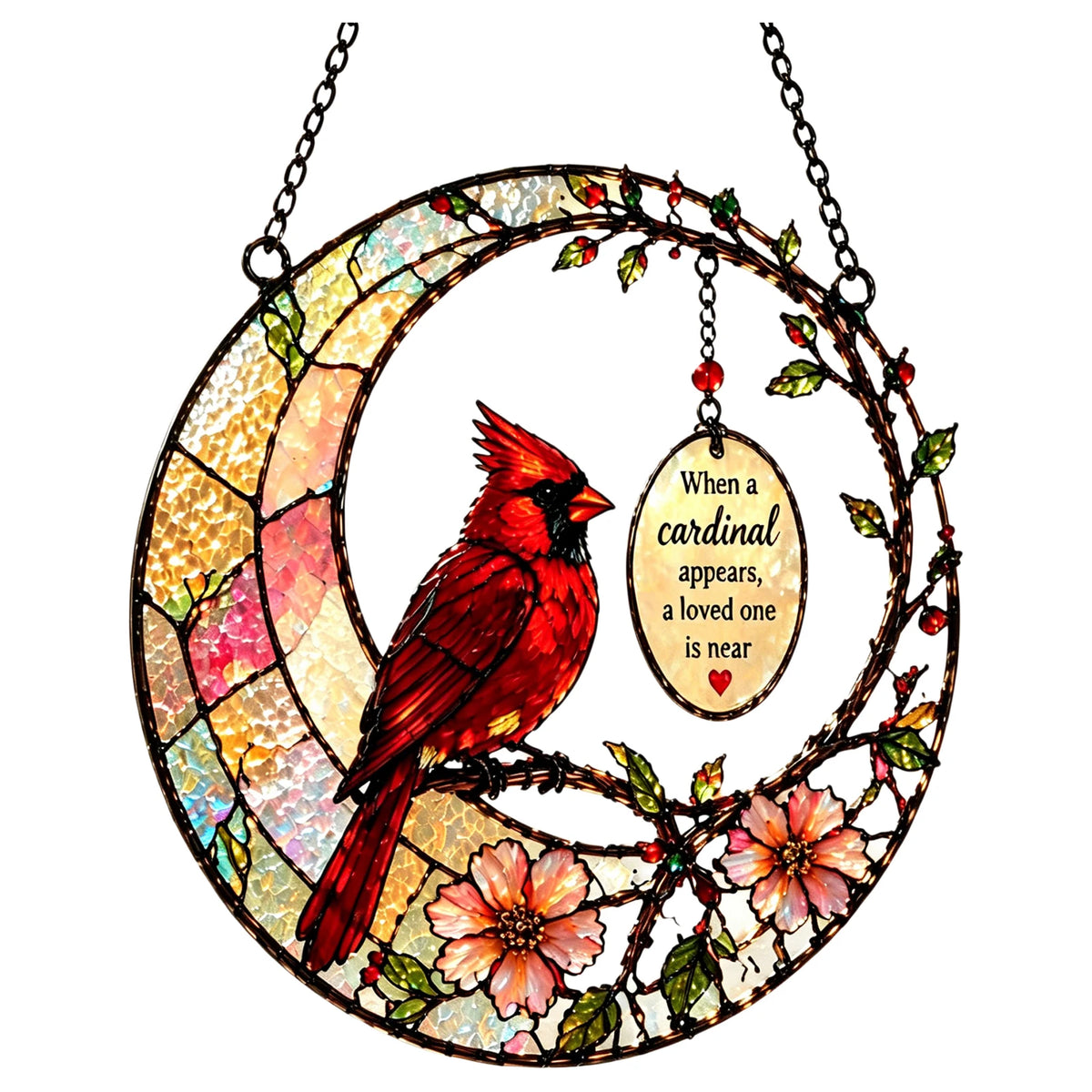 ornement oiseau cardinal verre mosaïque rouge jaune vert bleu fleurs feuilles soleil artisanal suspendu