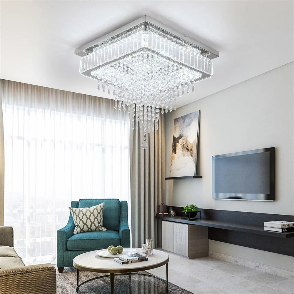 lustre suspendu cristal moderne led blanc transparent télécommande salon salle manger