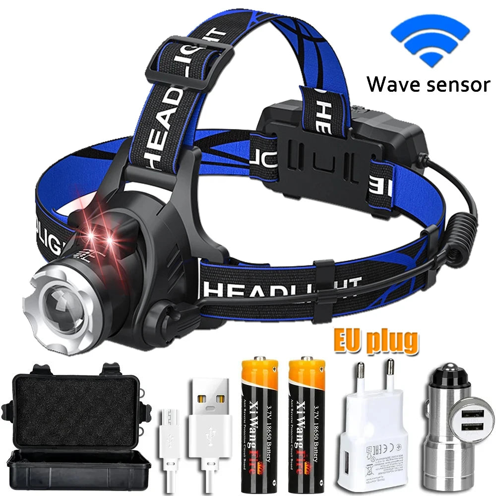 lampe frontale led rechargeable usb noir bleu rayures ajustable ceinture modes luminosité ipx4 water