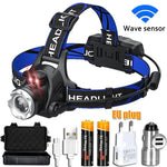lampe frontale led rechargeable usb noir bleu rayures ajustable ceinture modes luminosité ipx4 water