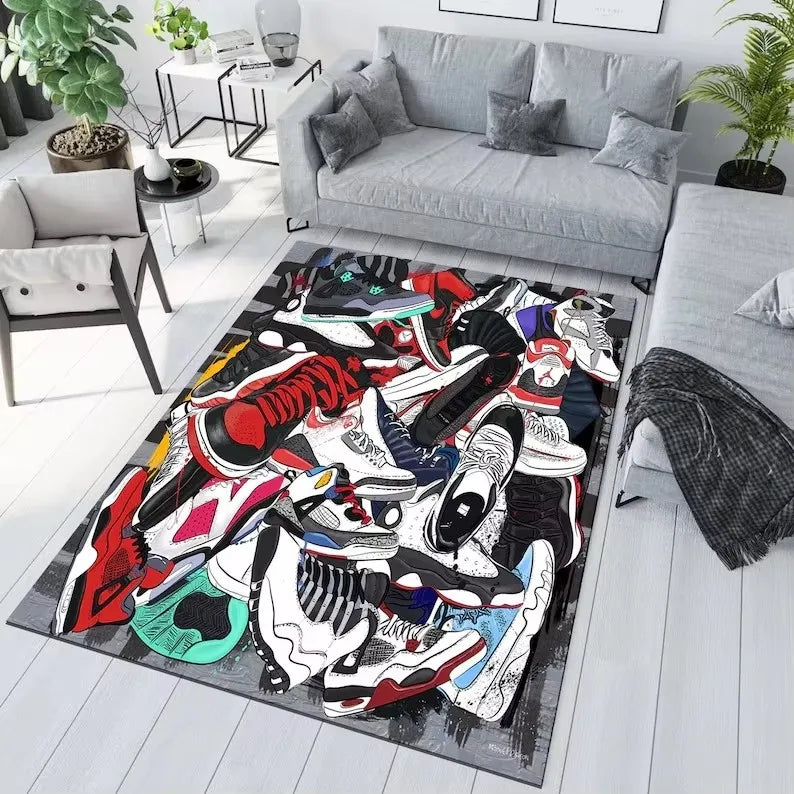 tapis moderne antidérapant mousse polyester résistant noir blanc gris