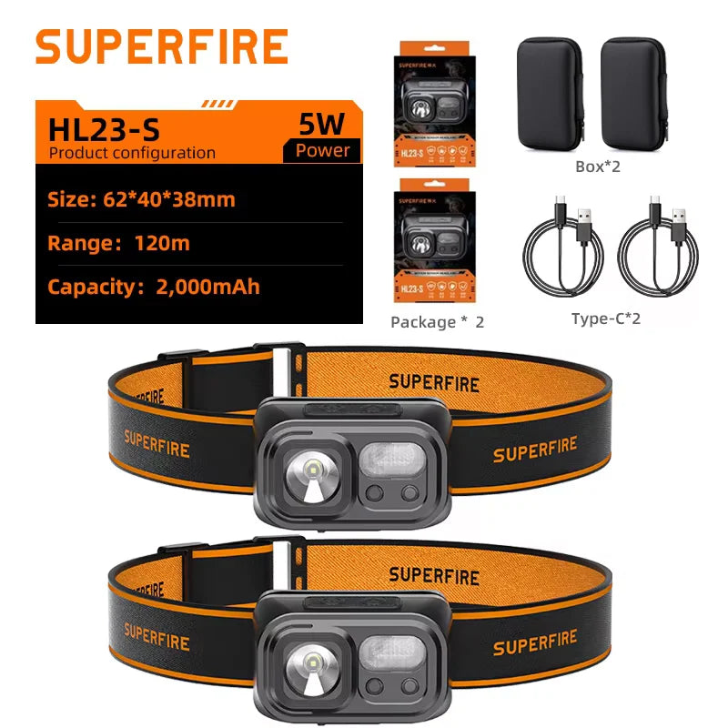 lampe frontale led noire orange rayures superfire ip44 modes sensor switch