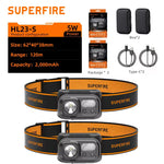 lampe frontale led noire orange rayures superfire ip44 modes sensor switch