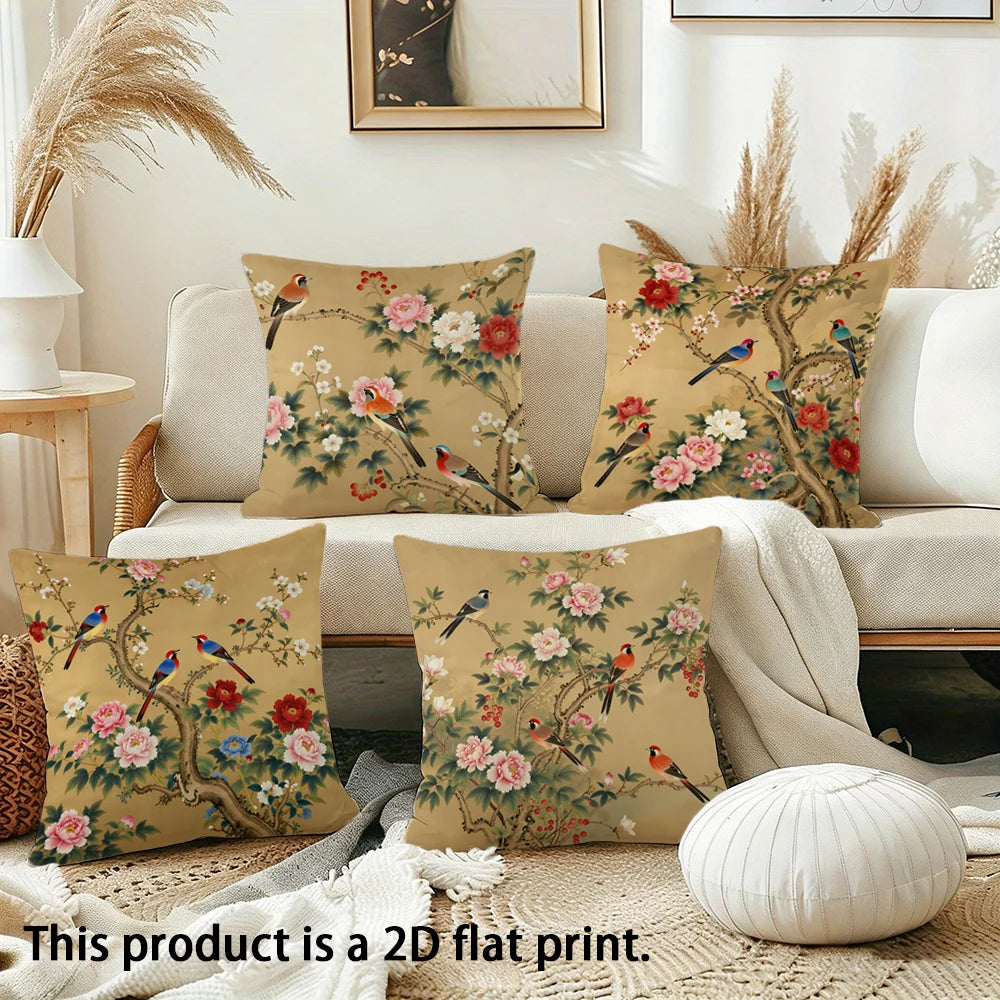 taies d'oreiller imprimées fleurs oiseaux vintage polyester beige zipper 45x45cm décoration maison hospitalière