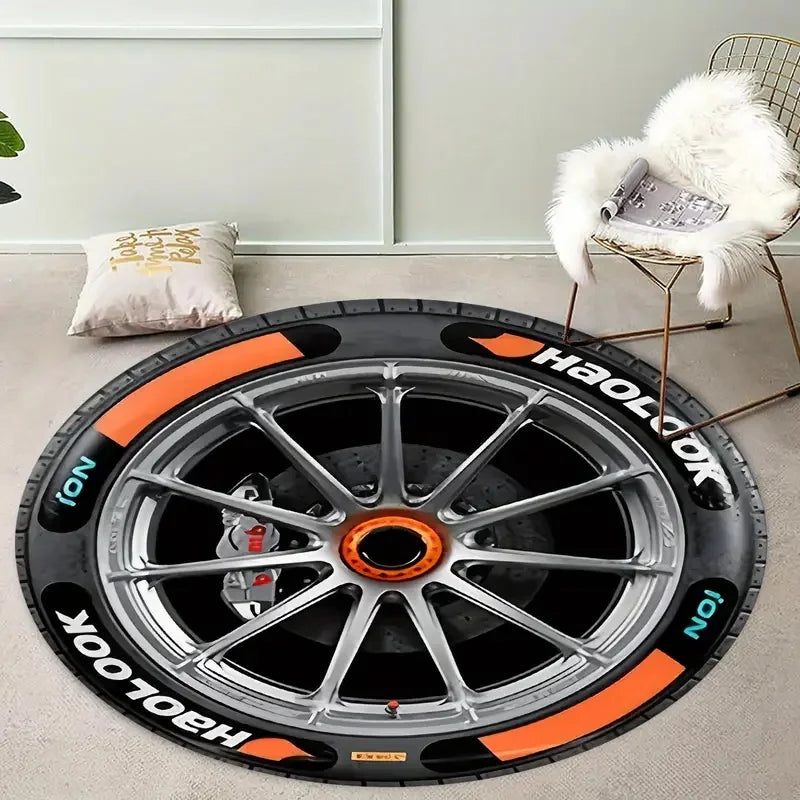 tapis rond moderne roue voiture noir blanc gris bordure orange 80x80cm 120x120cm chambre salon