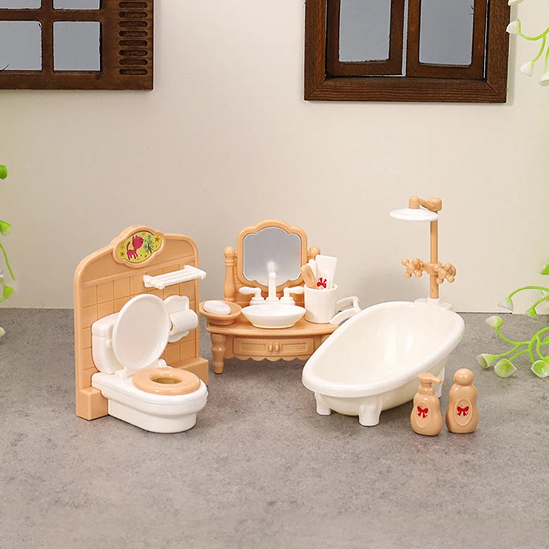 ensemble meubles salle bain miniature blanc rose beige texture bois classique toilette vasque miroir