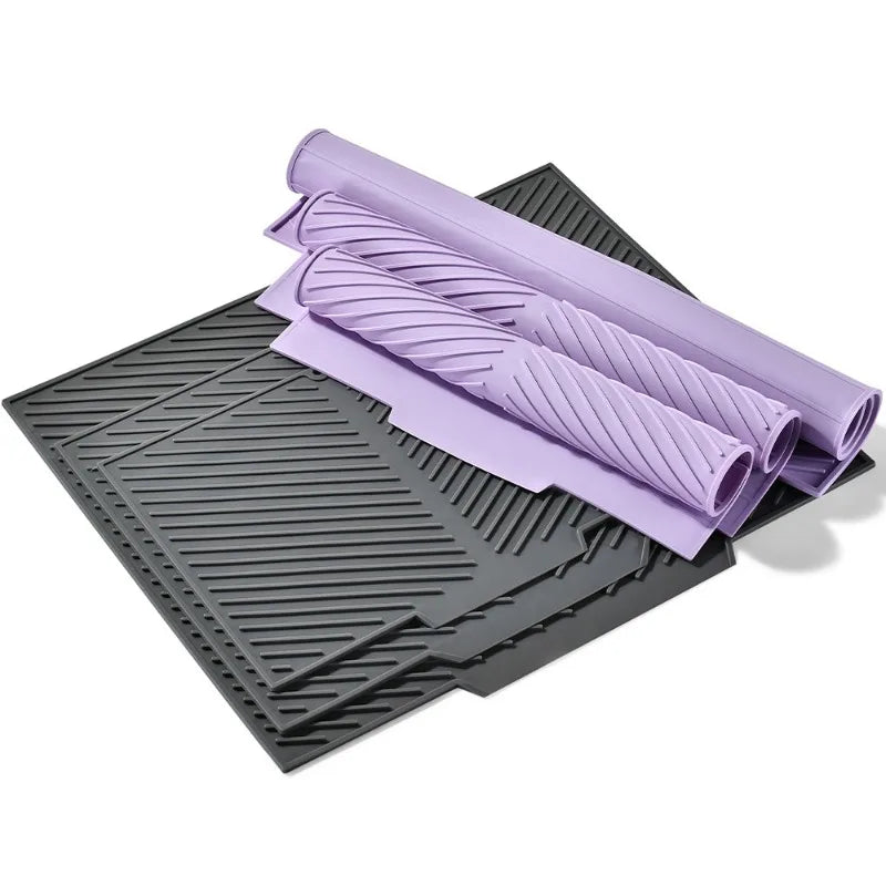 tapis cuisine silicone gris violet rayures diagonales moderne antidérapant respectueux environnement opaquet adhésif