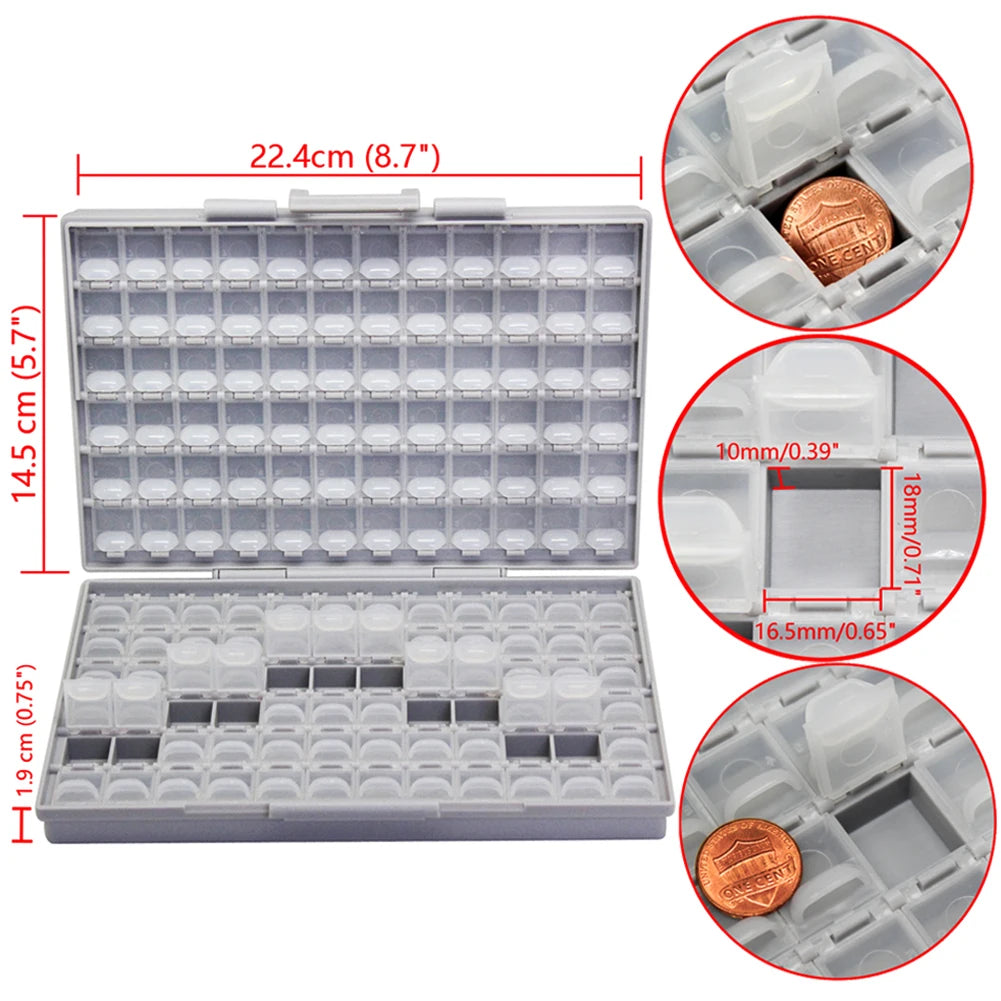 boîtes rangement électronique composants smd résistances condensateurs organisateur utilitaire gris noir plastique